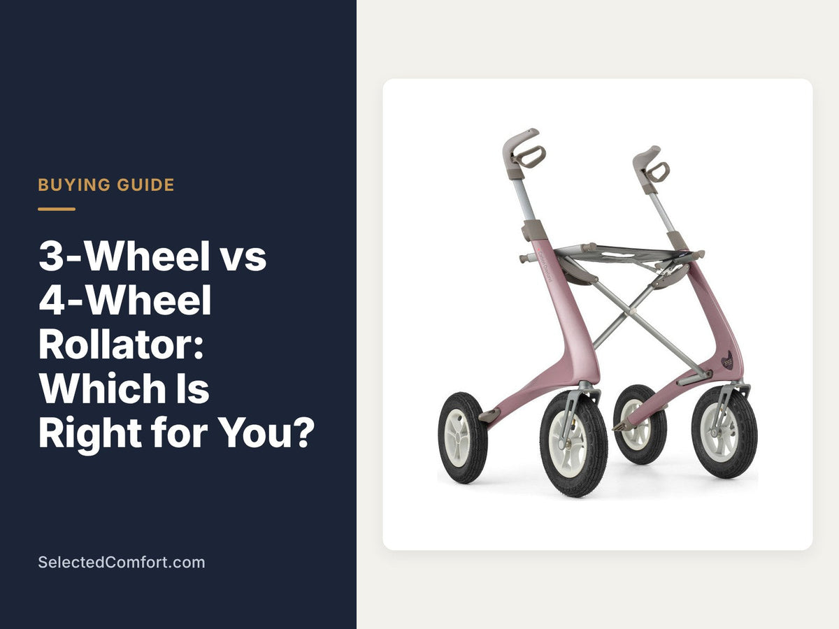 3-Wheel vs 4-Wheel Rollator buying guide banner showing a byACRE Carbon Overland 4-wheel rollator