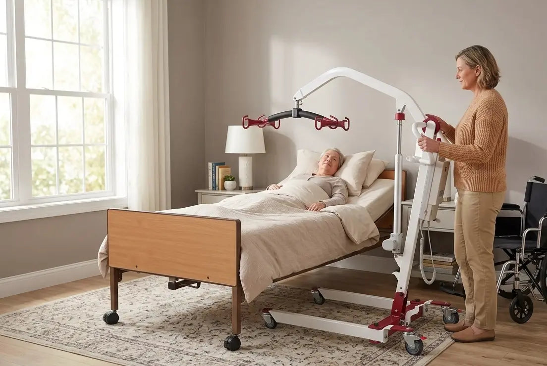 Bestcare PL400EF foldable electric patient lift beside a bed in a home bedroom, with a caregiver preparing a transfer