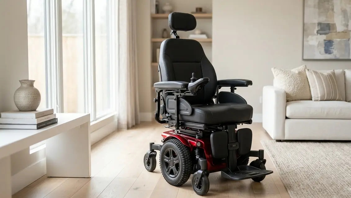 FreeRider Apollo II heavy-duty power wheelchair with a 21-inch captain seat, parked in a bright living room
