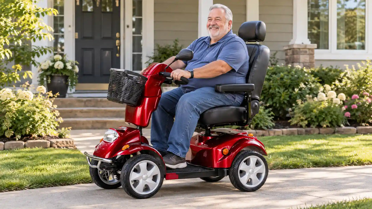 Heavier adult riding a FreeRider FR 510F II heavy duty mobility scooter on a home's front path