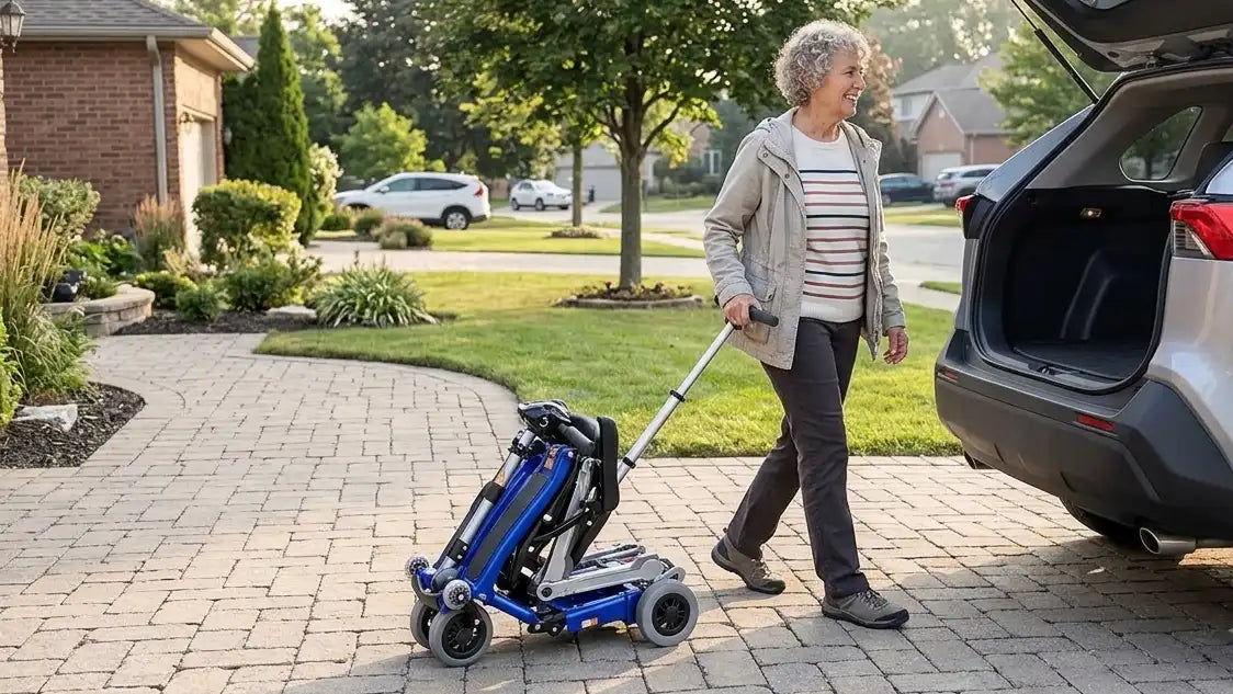 Folded FreeRider Luggie Elite lightweight mobility scooter being rolled toward a car