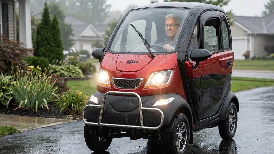 GIO Golf enclosed mobility scooter on a wet driveway with its wiper running