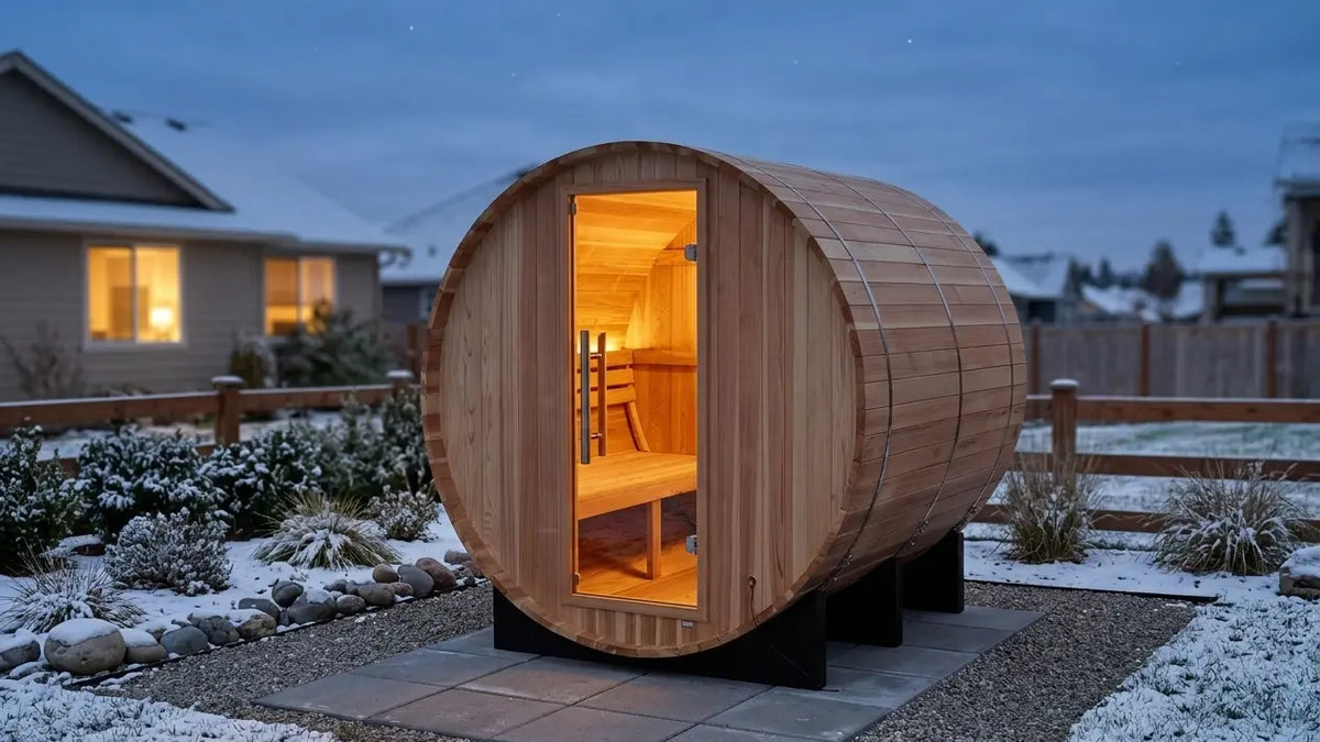 Golden Designs Arosa 4-person outdoor barrel sauna on a level paver base in a backyard