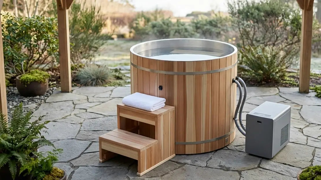 Golden Designs 304 stainless steel cold plunge tub with cedar exterior, step and chiller on a home patio