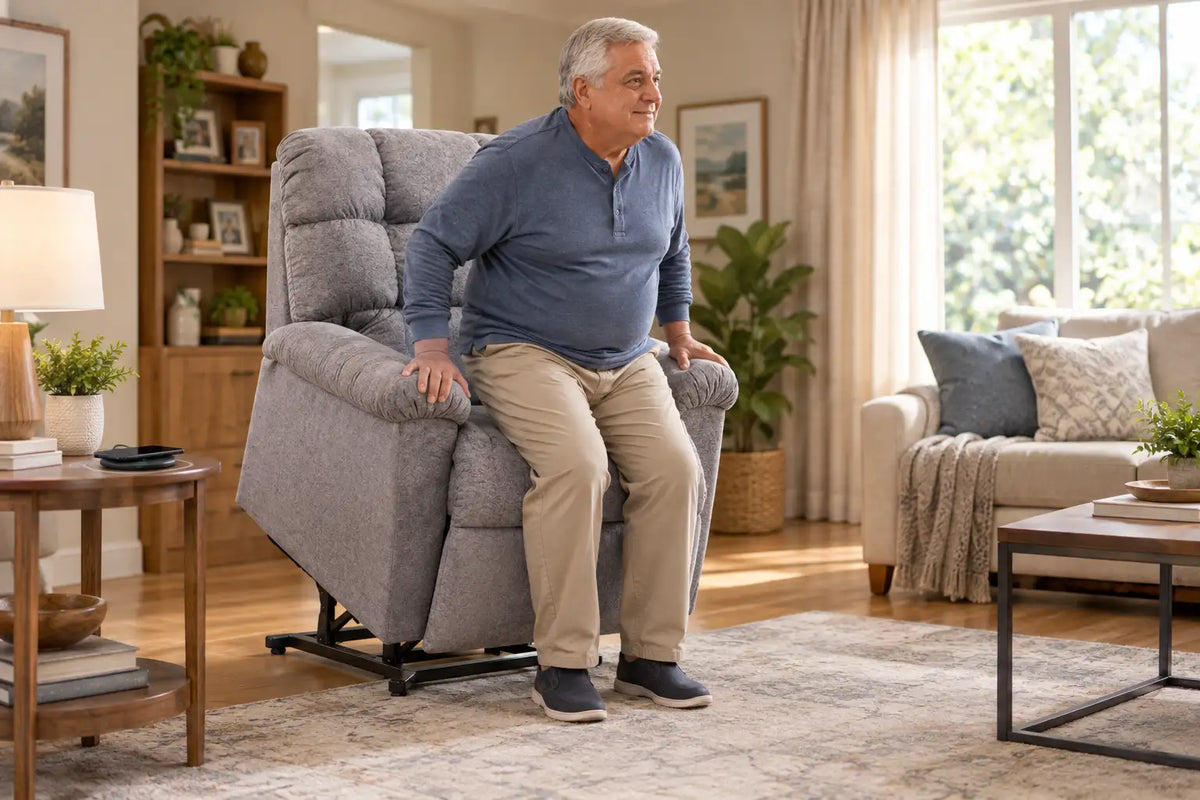 Larger senior man rising from the UltraComfort Maya UC566 Medium Wide power lift recliner in a living room