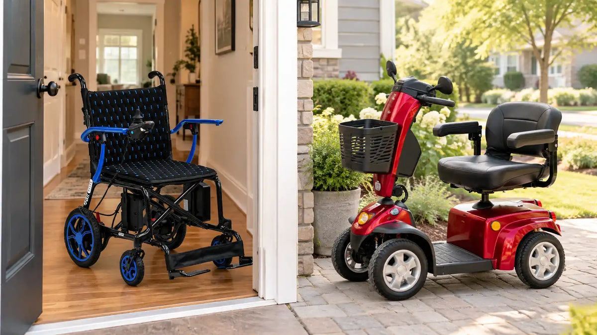 Compact folding power wheelchair in a home hallway beside a 4-wheel mobility scooter parked on the front path outside