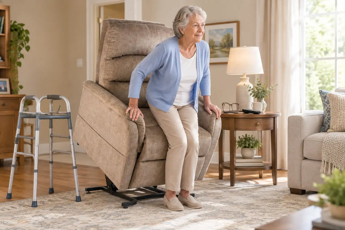 Senior woman standing up from an UltraComfort Destin power lift recliner with a walker beside her
