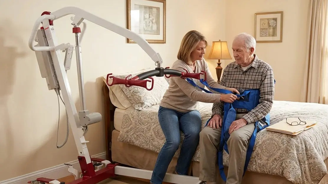 Caregiver positioning a Bestcare PL400EF foldable electric patient lift beside a home bed for a full-body transfer