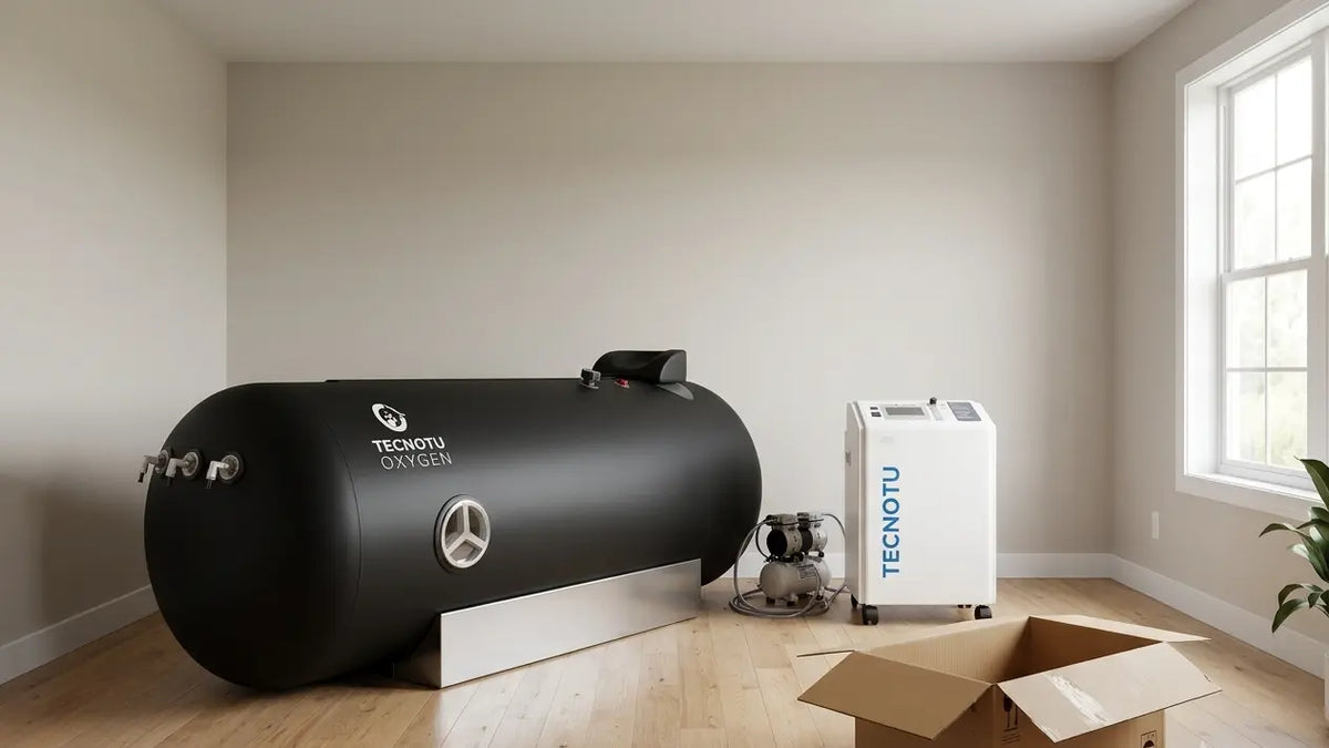 TECNOTU TecnoLay Classic 1.5 ATA soft hyperbaric chamber set up in a home room after delivery
