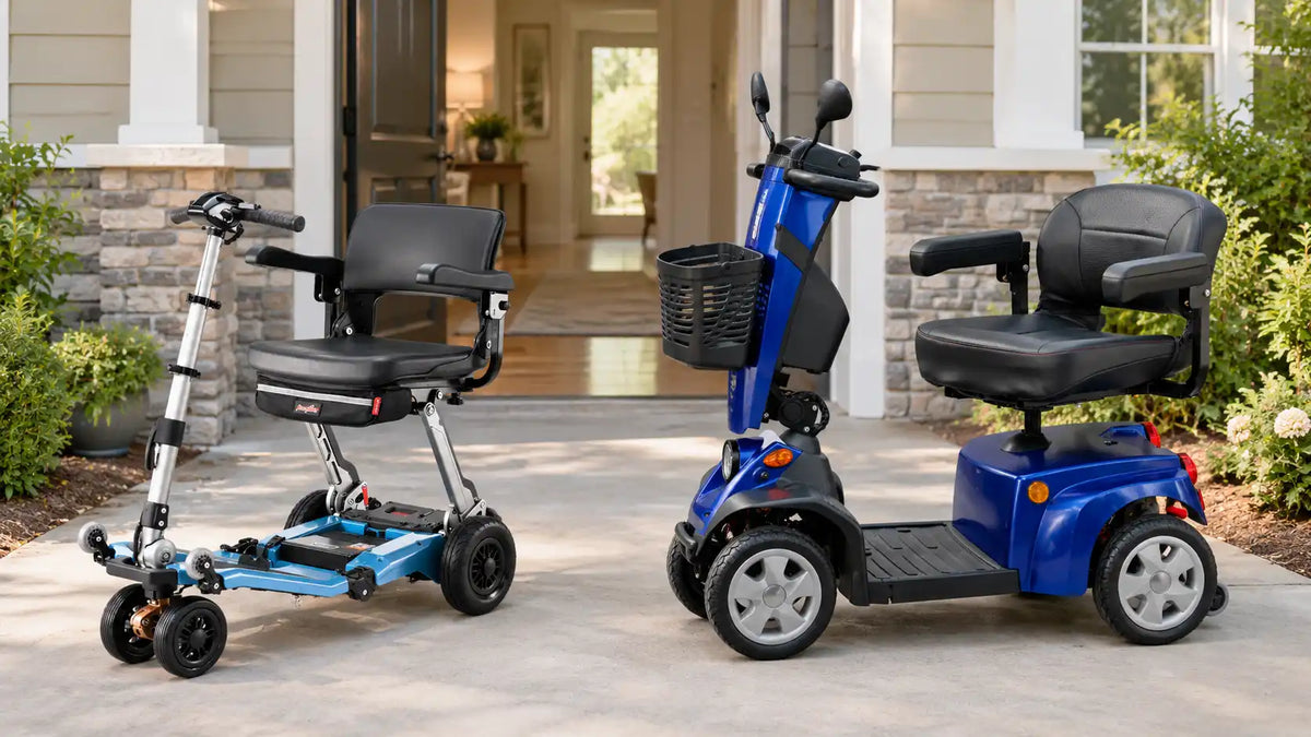 A 3-wheel mobility scooter and a 4-wheel mobility scooter parked side by side at the edge of a driveway and front doorway