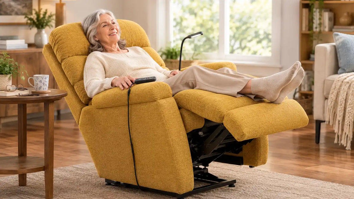 Senior woman relaxing in the UltraComfort Alora 5-Zone power lift recliner in zero gravity position
