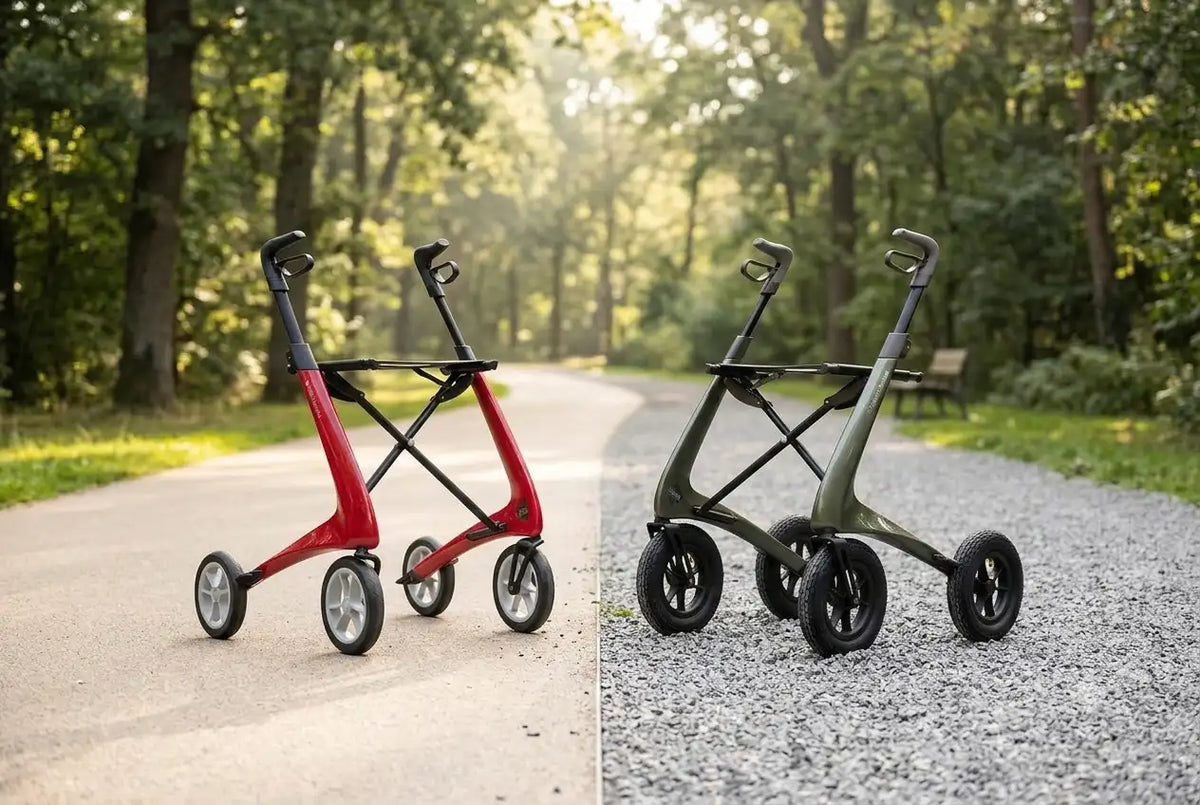 byACRE Carbon Ultralight and Carbon Overland rollators side by side on pavement and gravel