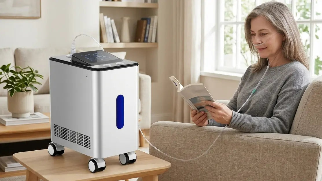 Woman using a TECNOTU 1500 ml/min hydrogen inhalation machine with a nasal cannula while reading at home
