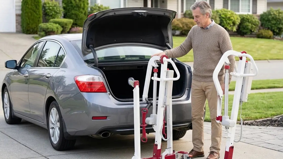 Bestcare PL400EF foldable portable Hoyer lift folded beside an open car trunk in a home driveway