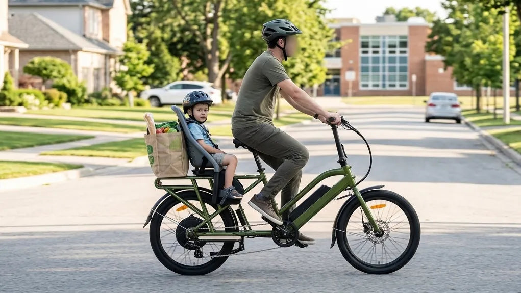 Parent riding a green EUNORAU MAX-CARGO 2.0 longtail cargo e-bike with a child in a rear seat and a grocery bag on the rack