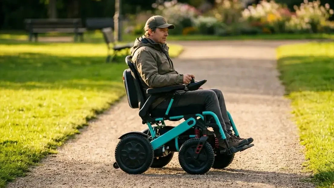 Robooter E60 all-terrain electric wheelchair on a gravel park path beside a grassy field