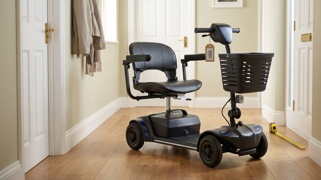 Journey Adventure 4-wheel mobility scooter, the lowest-priced scooter at Selected Comfort, parked in a home hallway beside a price tag and tape measure