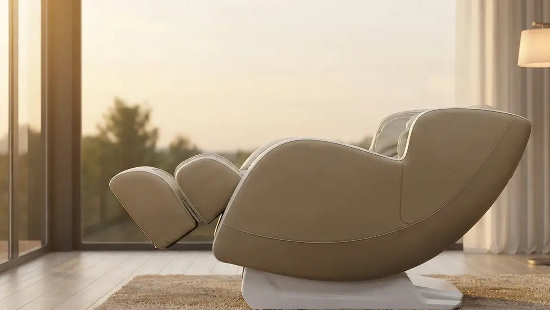 Kahuna Dios-6800 beige and white massage chair reclined in zero gravity in a living room