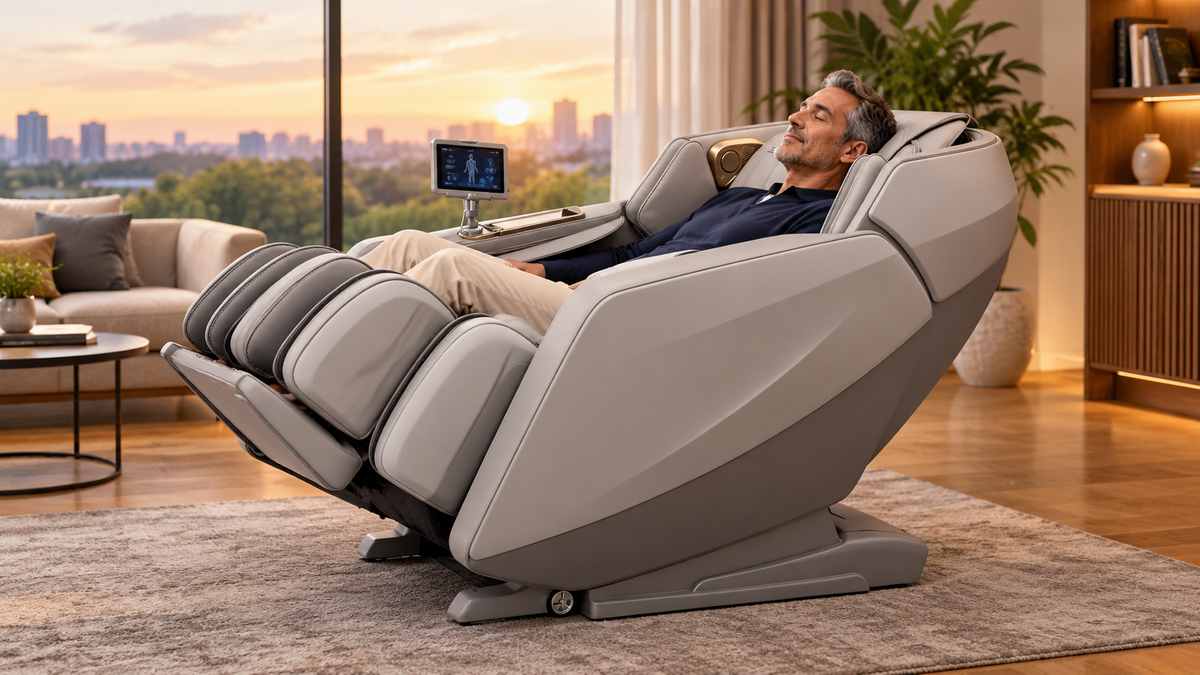 Man relaxing in the Kahuna Dios Flexa 181° 4D massage chair in zero gravity position