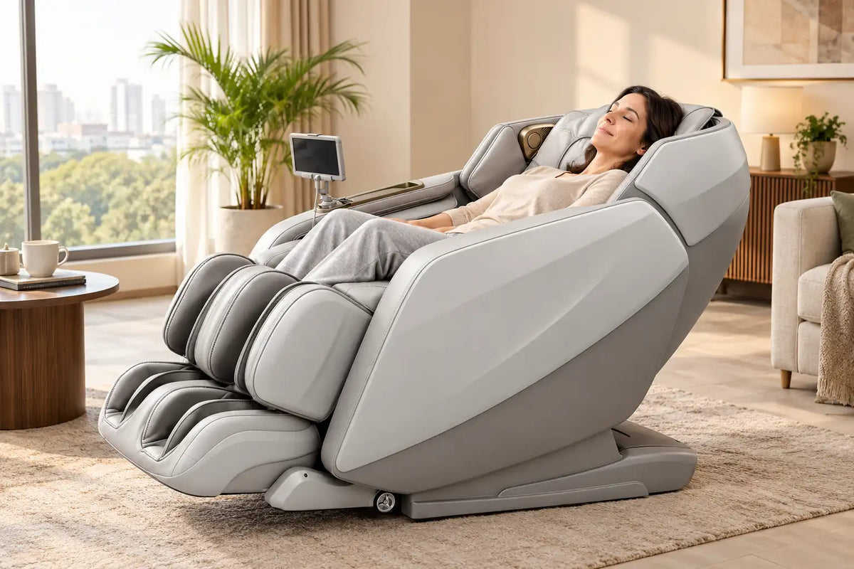 Adult relaxing in the Kahuna Dios Flexa massage chair reclined in a zero gravity position in a bright living room
