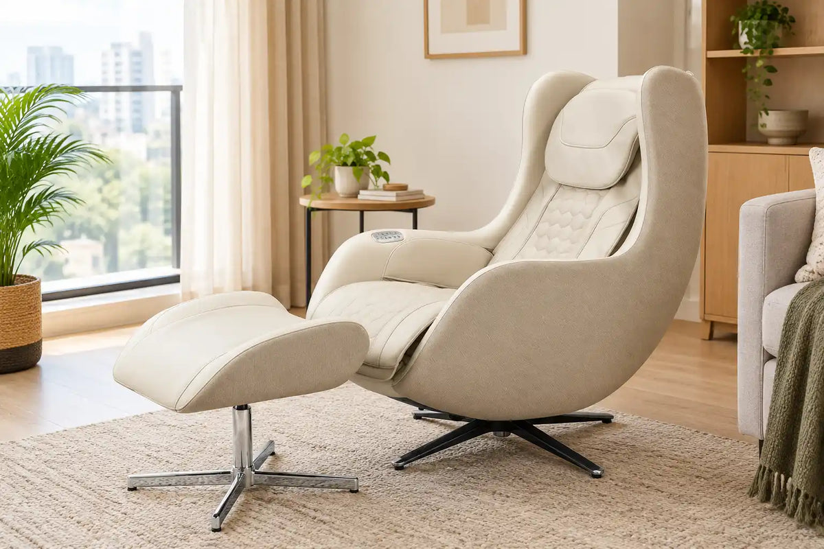 Kahuna Dios Hani compact massage chair and ottoman in a small apartment living room