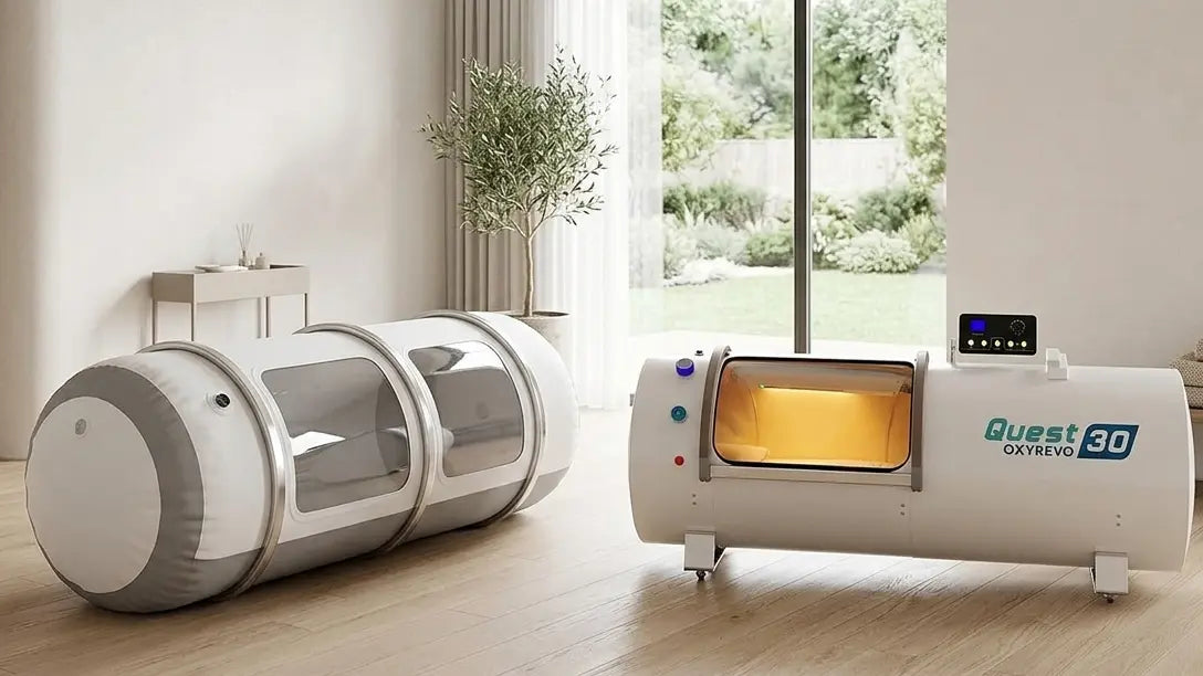 2.0 ATA stainless steel hard shell hyperbaric chamber next to a 1.5 ATA soft shell chamber in a home wellness room
