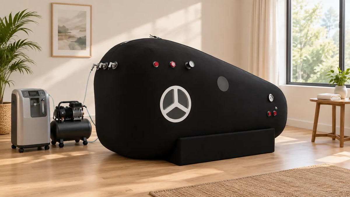 Soft shell 1.5 ATA hyperbaric chamber set up in a bright home spare room