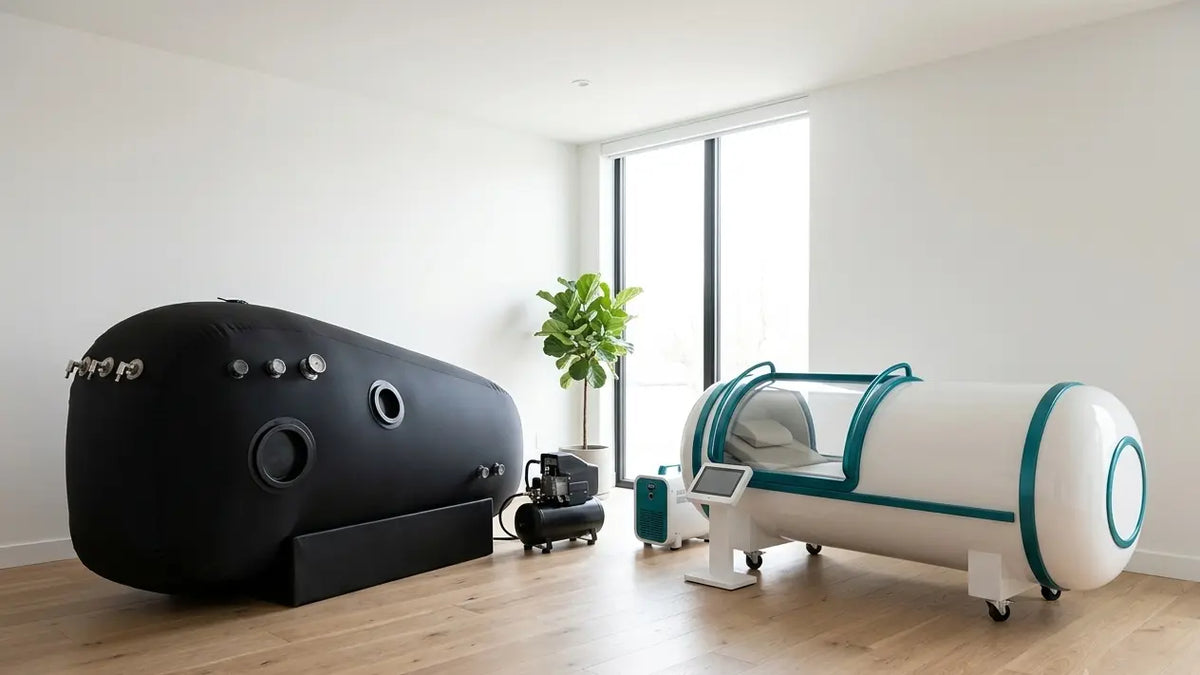 Soft shell 1.5 ATA hyperbaric chamber beside a 2.0 ATA hard shell hyperbaric chamber in a home wellness room