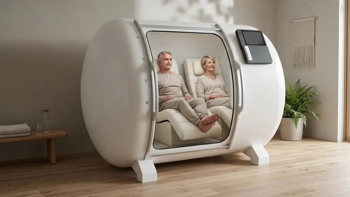 Two adults resting inside a TECNOTU Ultra 2-person hard shell hyperbaric chamber in a home wellness room