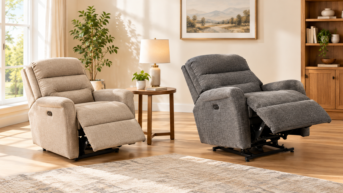 3-position and infinite-position power lift recliners side by side in a living room