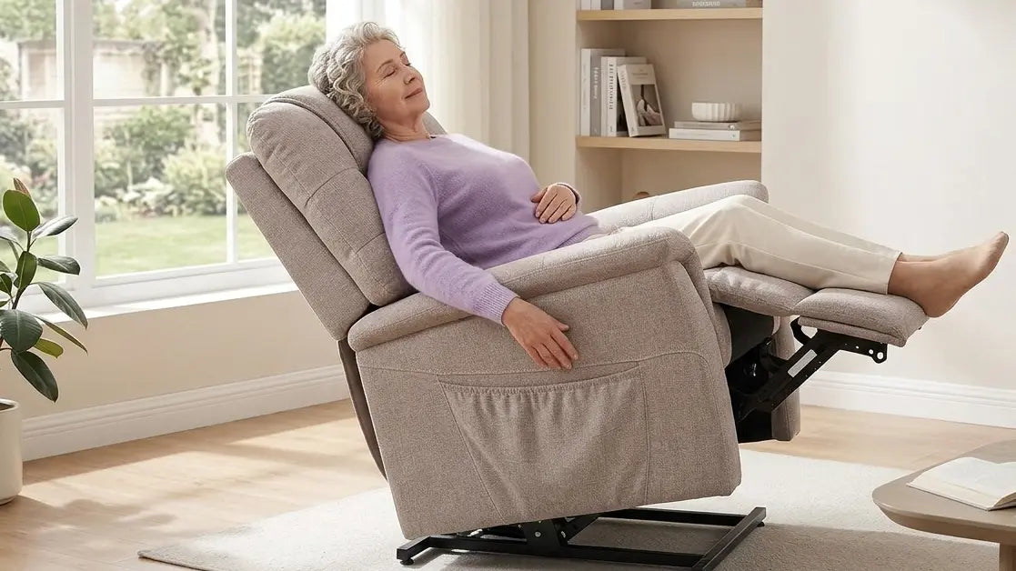 Senior woman relaxing in the UltraComfort Marabella UC476 zero gravity lift chair in a living room