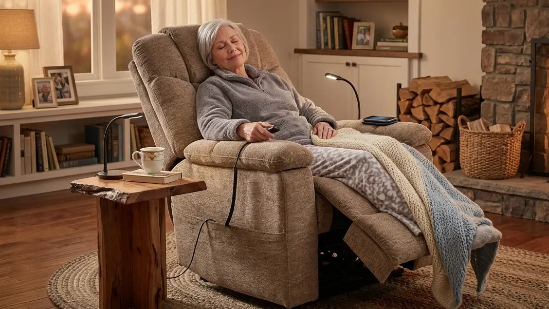 Senior woman relaxing in the UltraComfort Venice lift chair with heat and massage