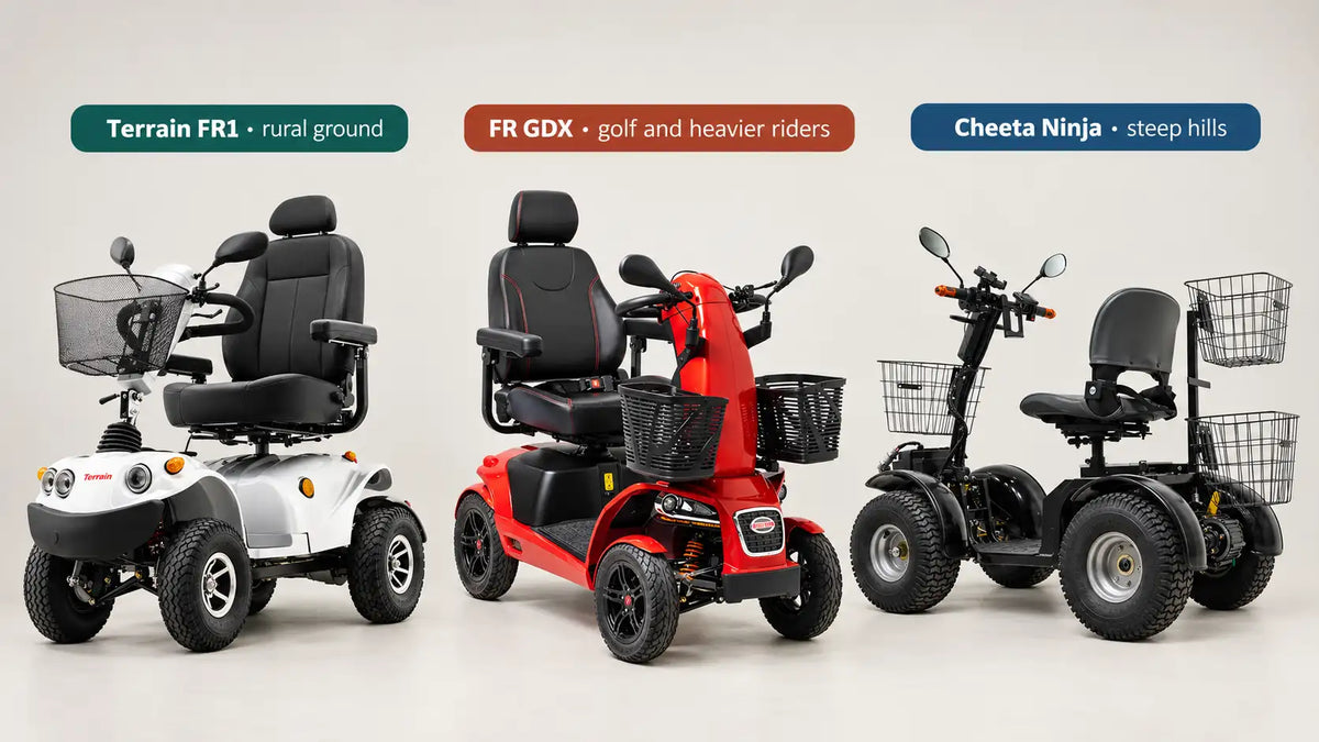 Three all-terrain mobility scooters side by side: the FreeRider Terrain FR1, the FreeRider FR GDX and the Green Transporter Cheeta Ninja with wide turf tires