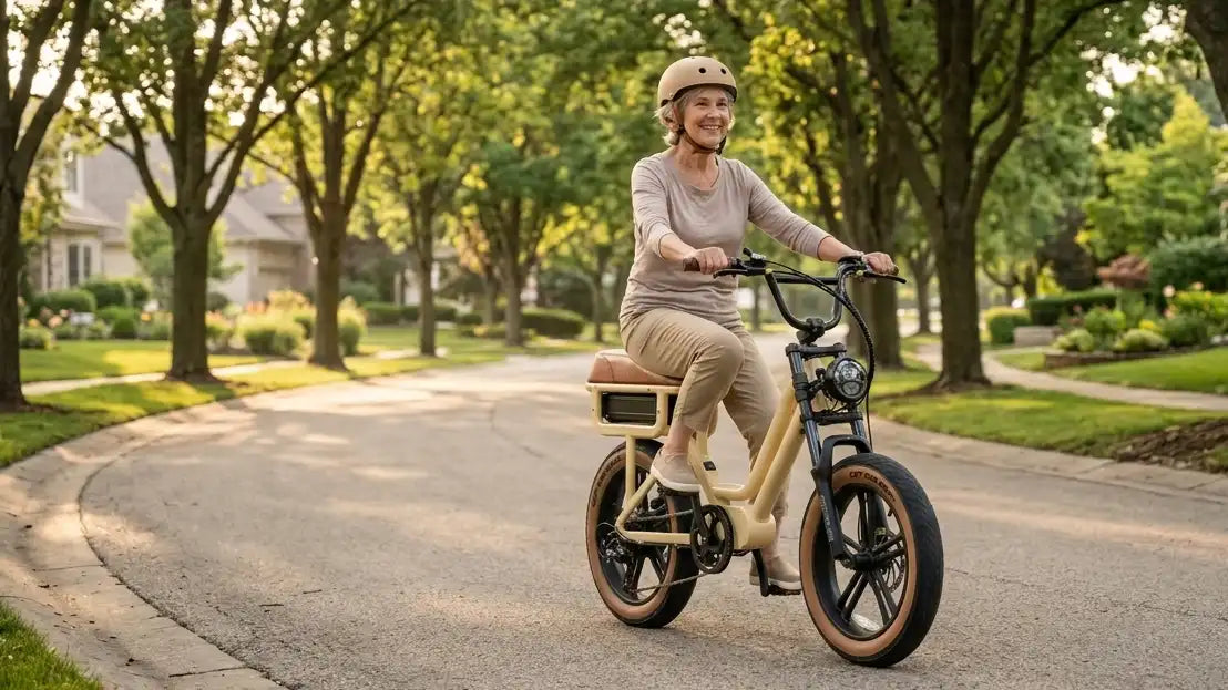 Senior woman in a helmet riding an ivory EUNORAU Flash Lite ST step-through fat tire e-bike on a neighborhood path