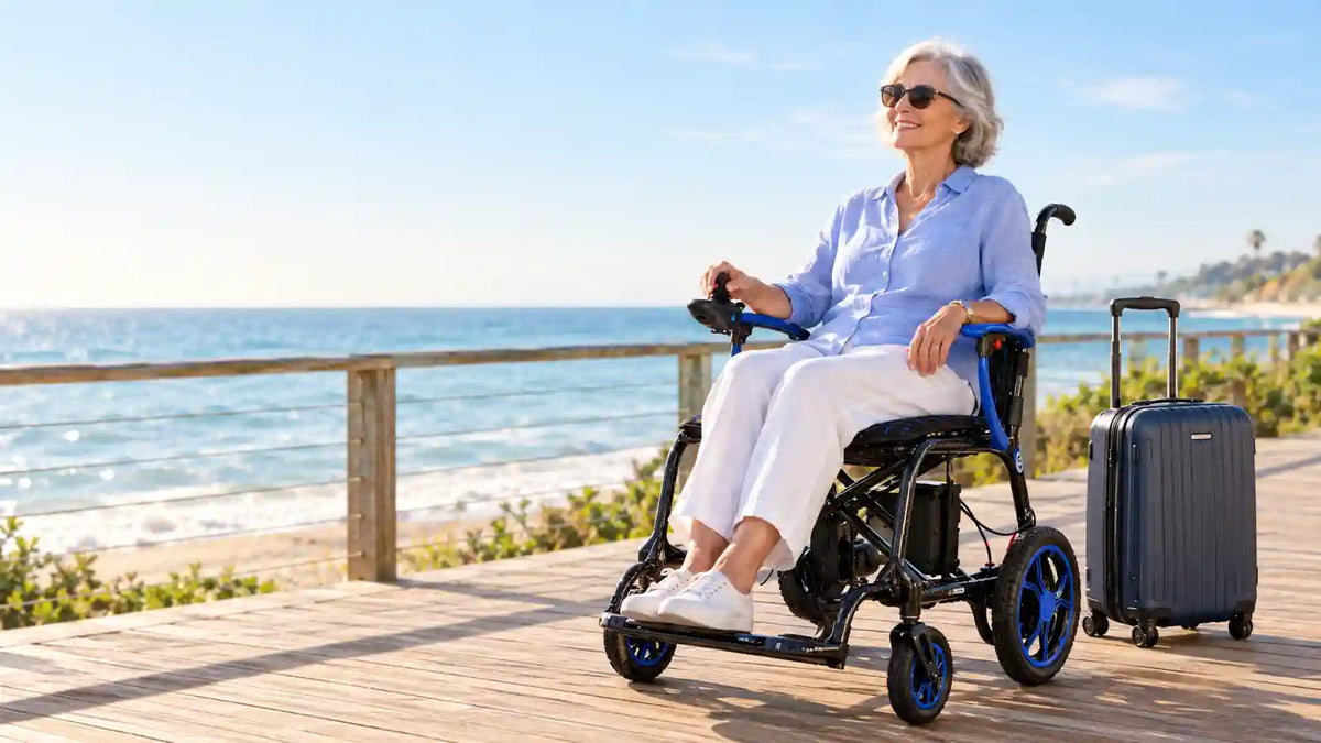 Senior woman in the Journey Air Elite folding electric wheelchair on a seaside boardwalk, with a rolling suitcase beside her