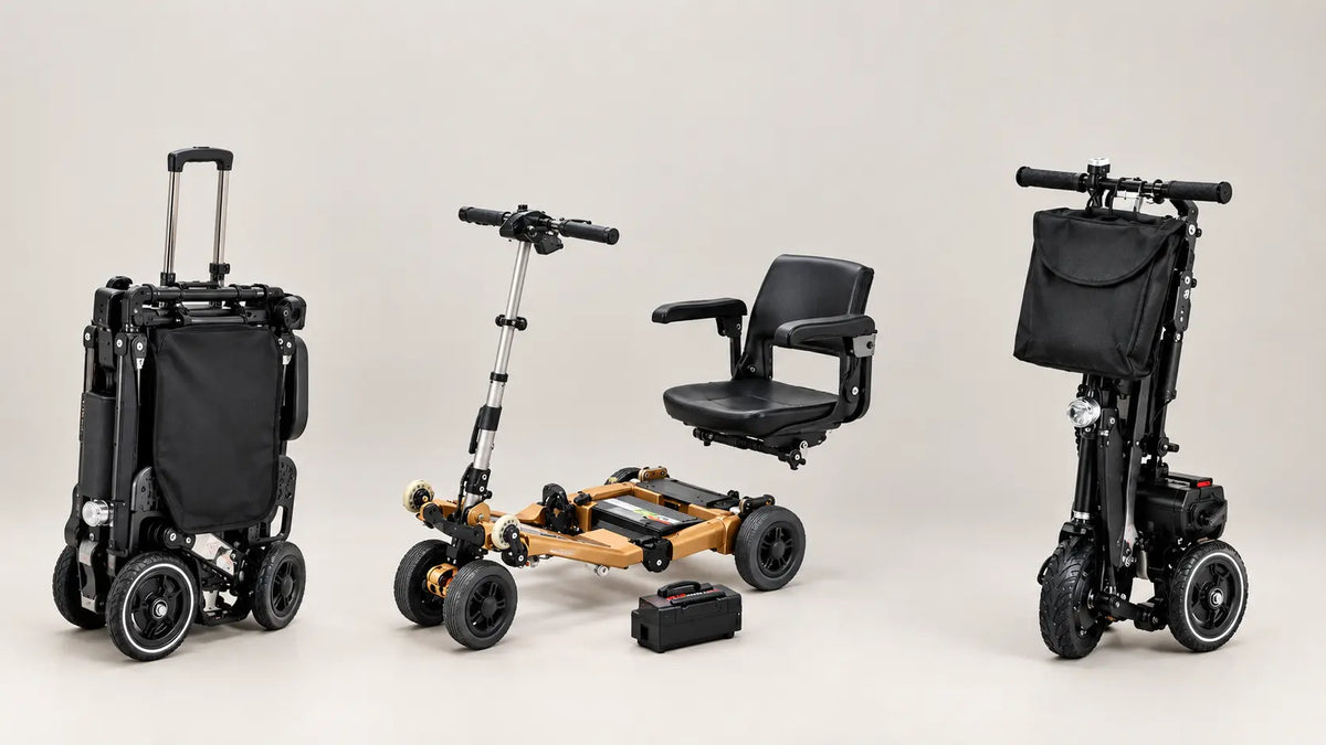 Three folding mobility scooter designs: the FreeRider Luggie Elite folded in one piece, the HandyScoot separated into light parts, and the SNAPnGO Deluxe standing upright
