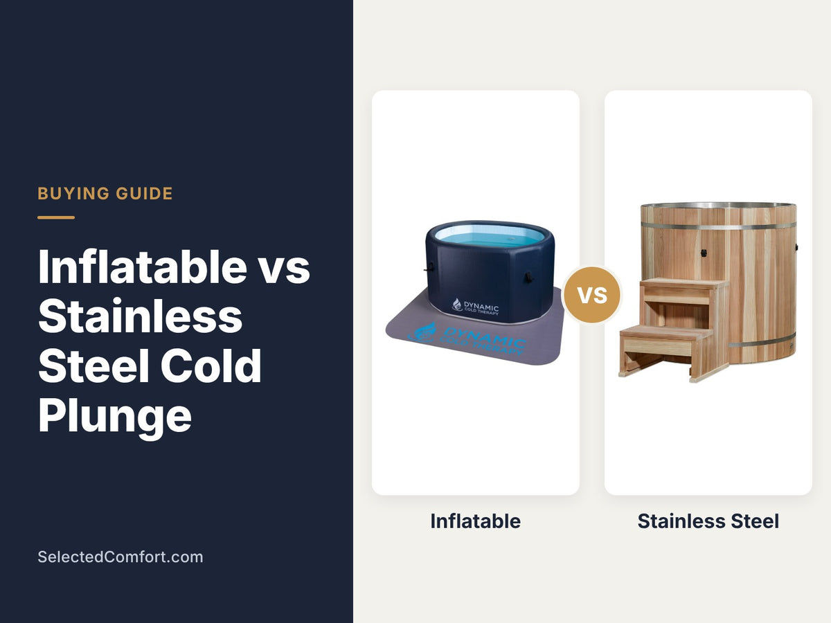 Inflatable vs stainless steel cold plunge comparison banner showing a Dynamic inflatable cold plunge and a Golden Designs 304 stainless steel cold plunge