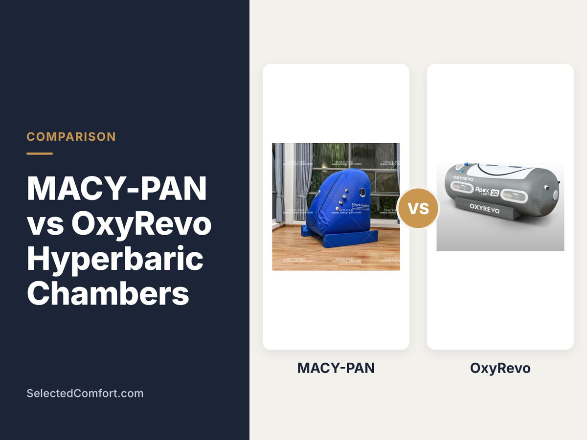 Macy Pan vs OxyRevo hyperbaric chamber comparison banner showing a Macy-Pan sitting chamber and an OxyRevo Apex32 soft lying chamber
