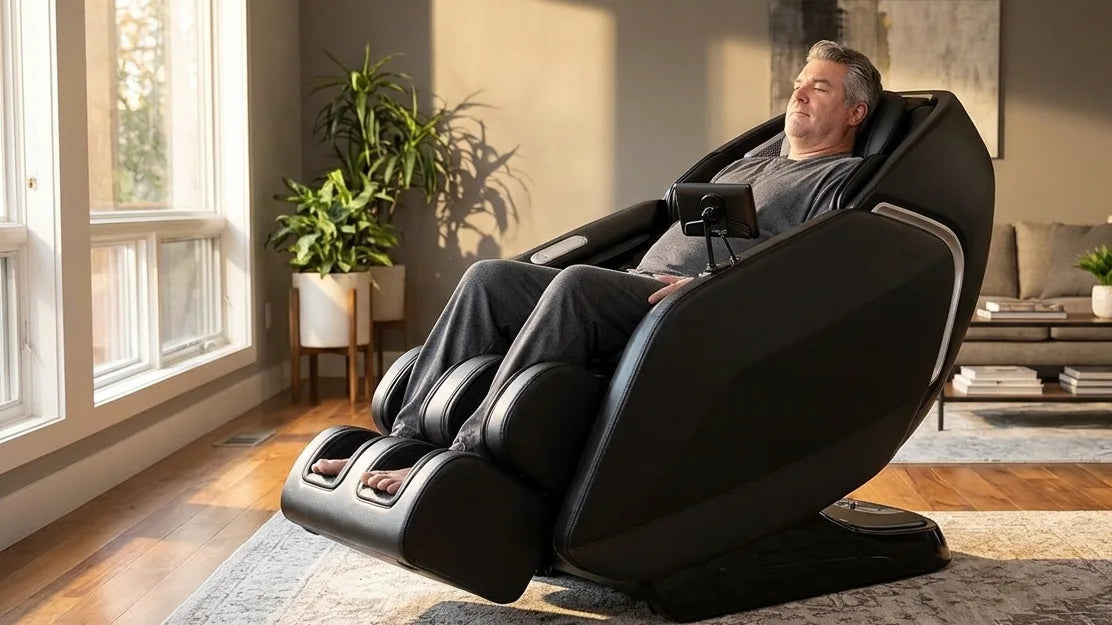 Tall, broad-shouldered man reclined in a black Kahuna SM7300 massage chair in zero gravity with his feet in the open-toe footrest