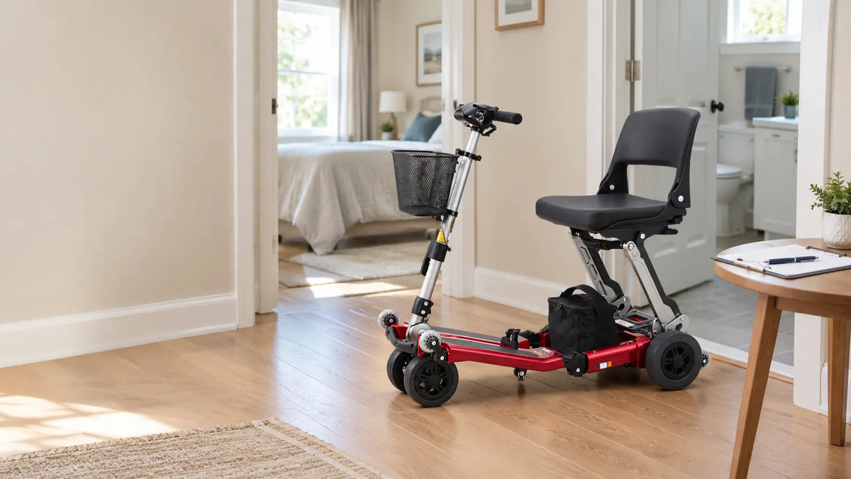 Compact mobility scooter parked in a home hallway beside a clipboard of medical paperwork, showing the in-home use Medicare coverage is based on