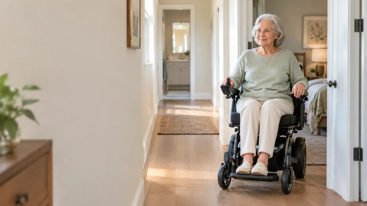 Older woman using a joystick-controlled power wheelchair to move from her bedroom into the hallway of her home