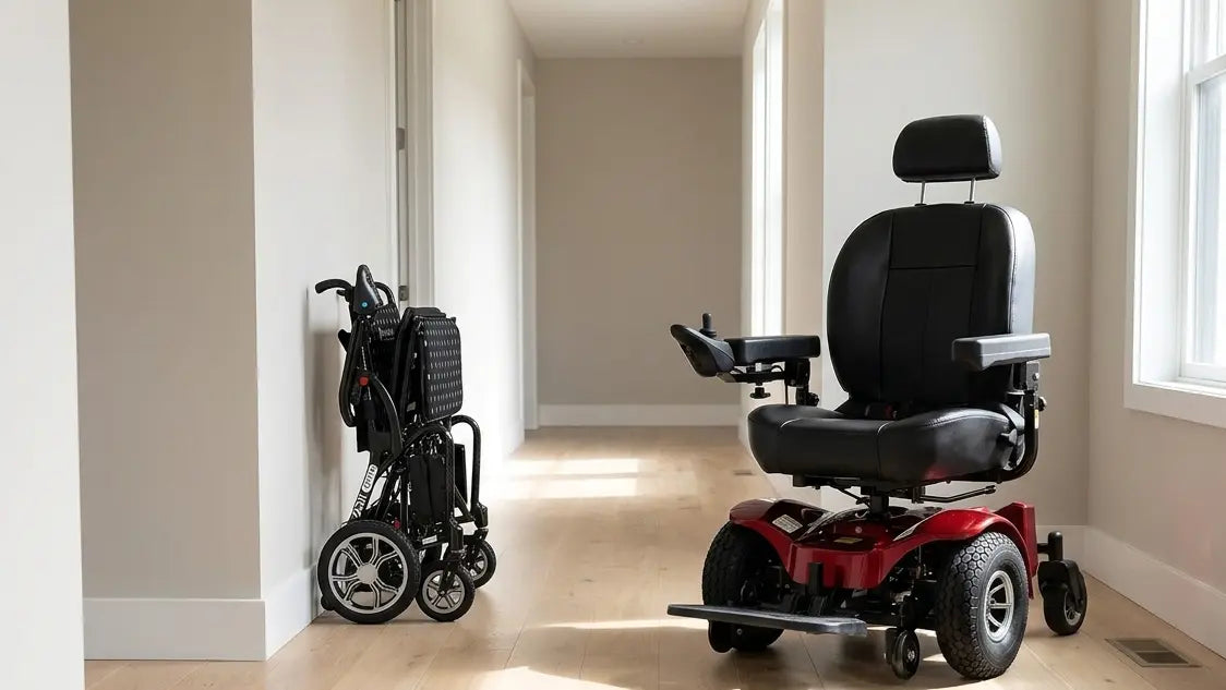 Folded Journey Air Elite electric wheelchair next to a full-size FreeRider Apollo II power wheelchair in a home hallway 