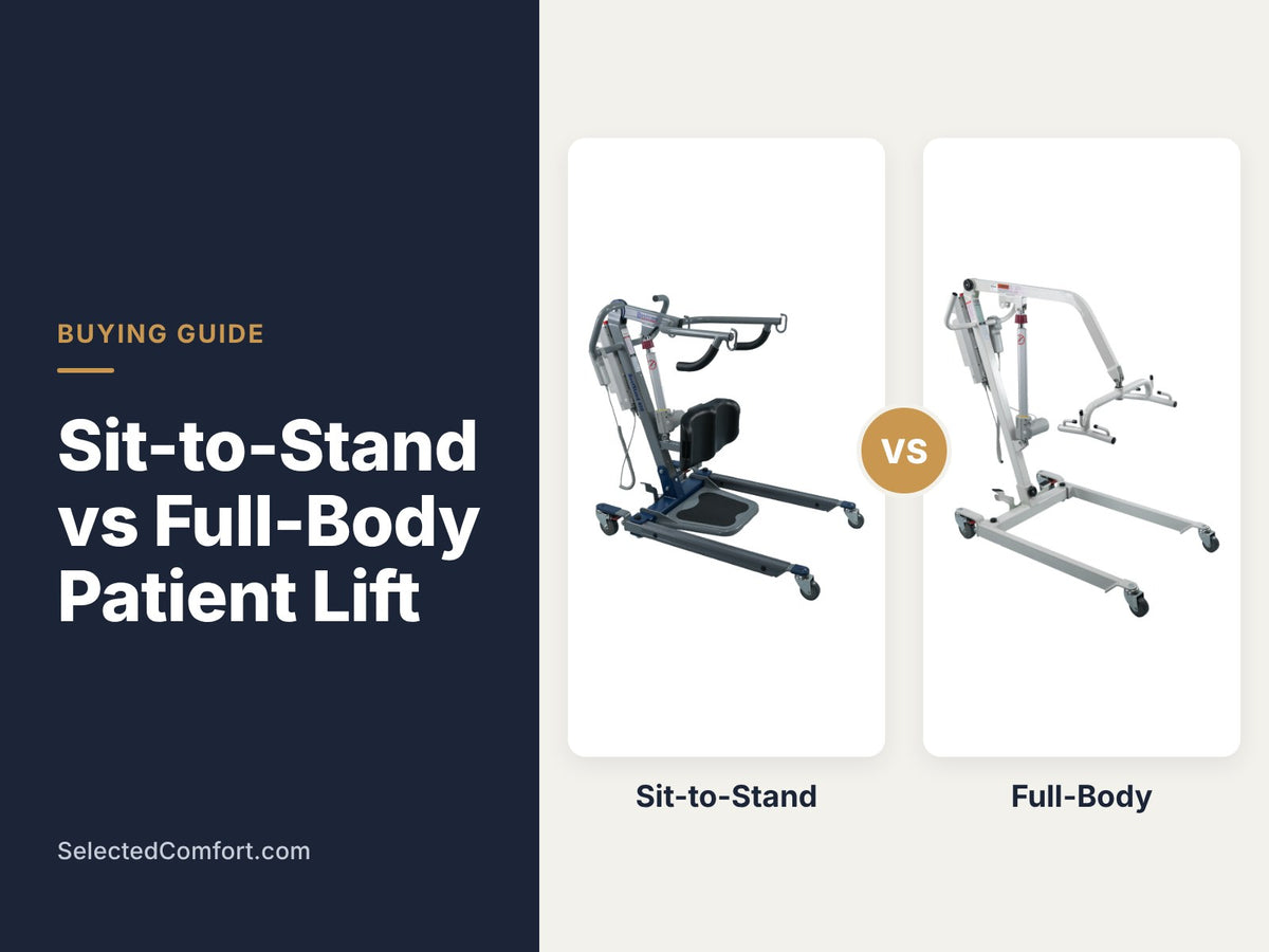 Sit-to-stand vs full-body patient lift comparison banner showing a Bestcare sit-to-stand lift and a Bestcare full-body patient lift