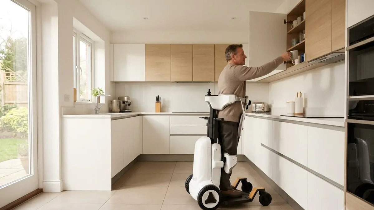 Adult using a Robooter XZ-Droid standing wheelchair to reach a kitchen cupboard at a counter