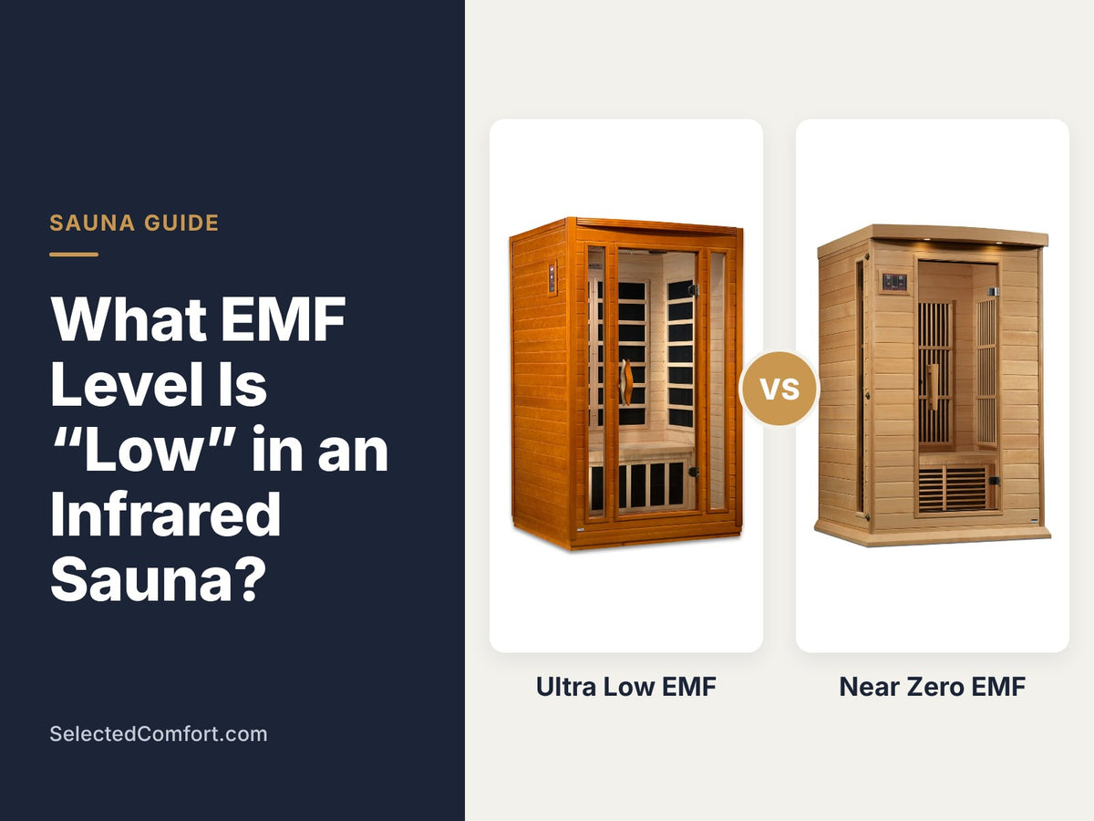 Low EMF infrared sauna guide banner comparing an ultra low EMF Golden Designs sauna with a near zero EMF Golden Designs sauna