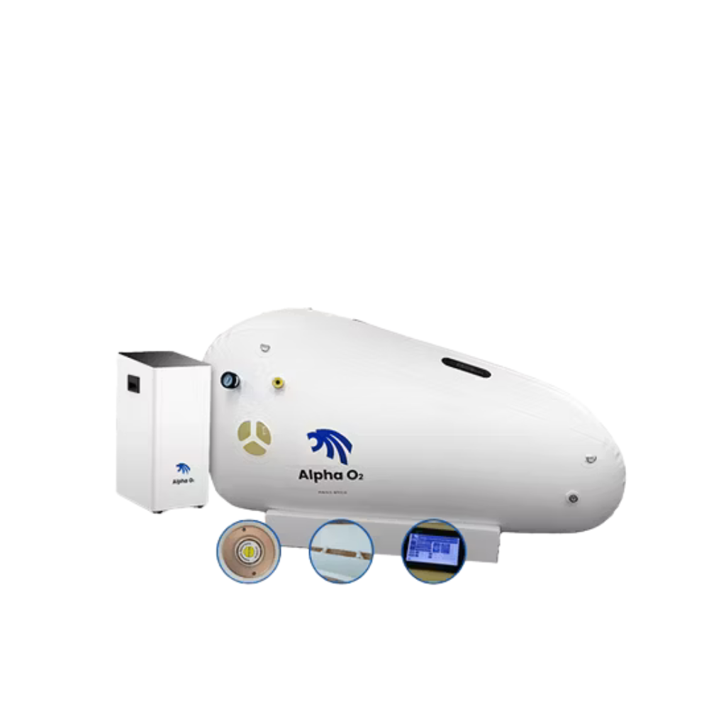 1.5 ATA soft-shell hyperbaric oxygen chamber designed for sitting or lying down.