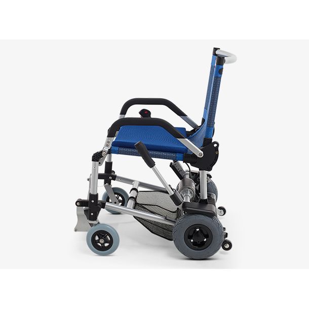 Side view blue electric wheelchair