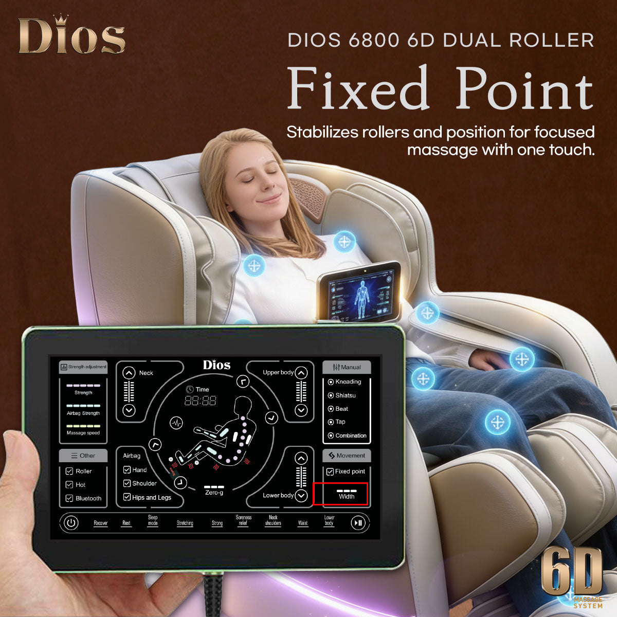 Kahuna Dios-6800 - 6D Dual Core (3D+3D) Roller, Air Float System, 50″ SL-Track Full Body Zero Gravity Recliner, Bluetooth, Heat Therapy Beige/White