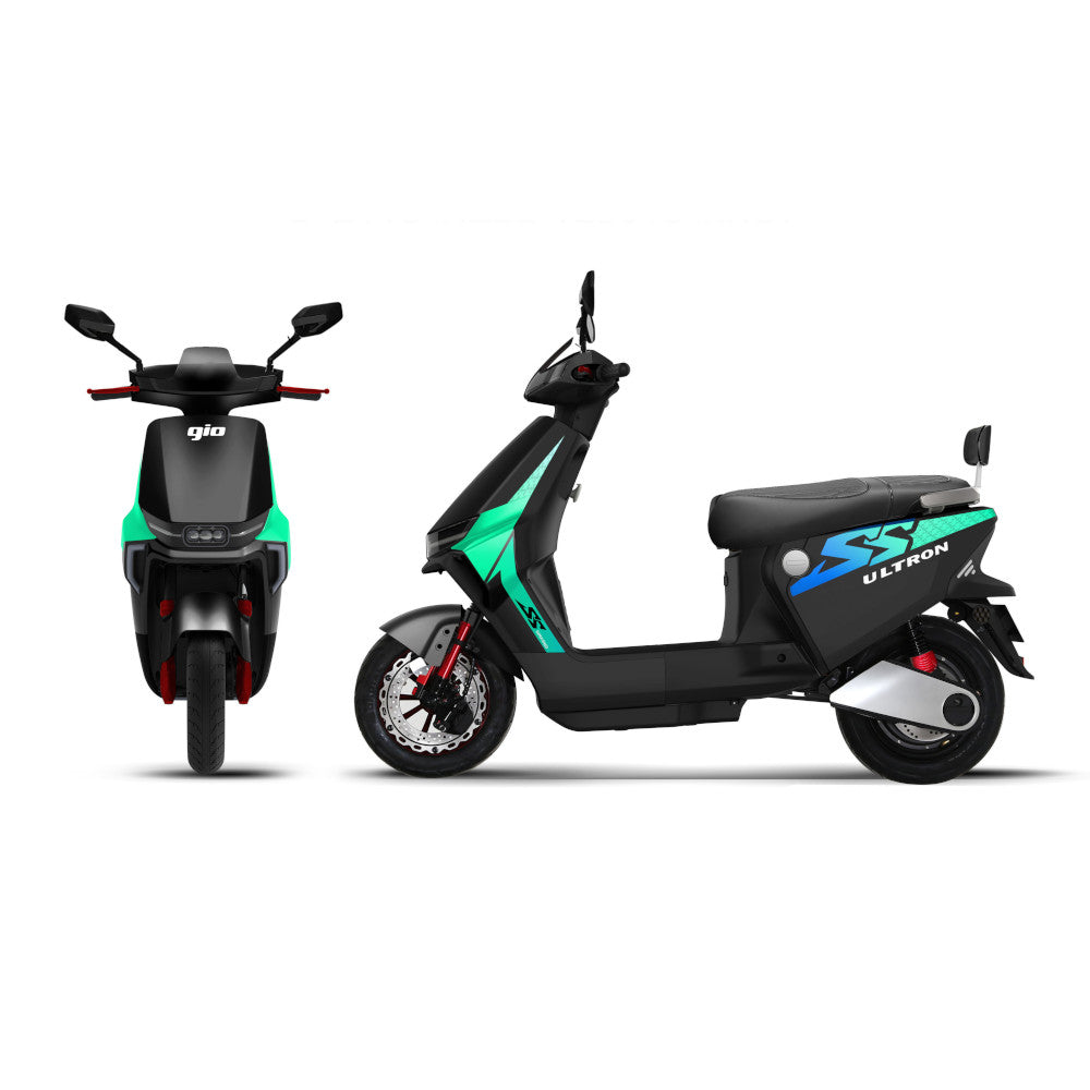 GIO Ultron eScooter with a 500W motor, 20 mph speed, 35 miles range, and sleek design. Features include hydraulic disc brakes and digital LCD display.