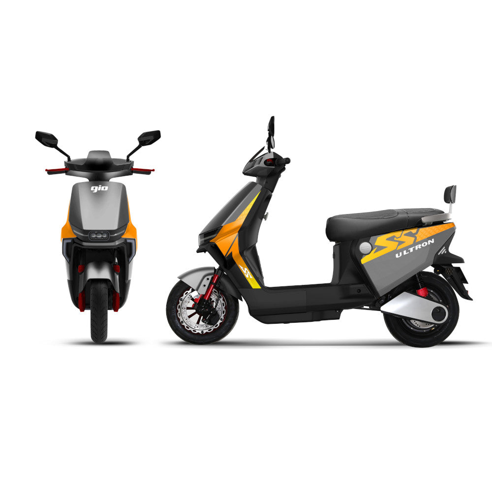 GIO Ultron eScooter with a 500W motor, 20 mph speed, 35 miles range, and sleek design. Features include hydraulic disc brakes and digital LCD display.